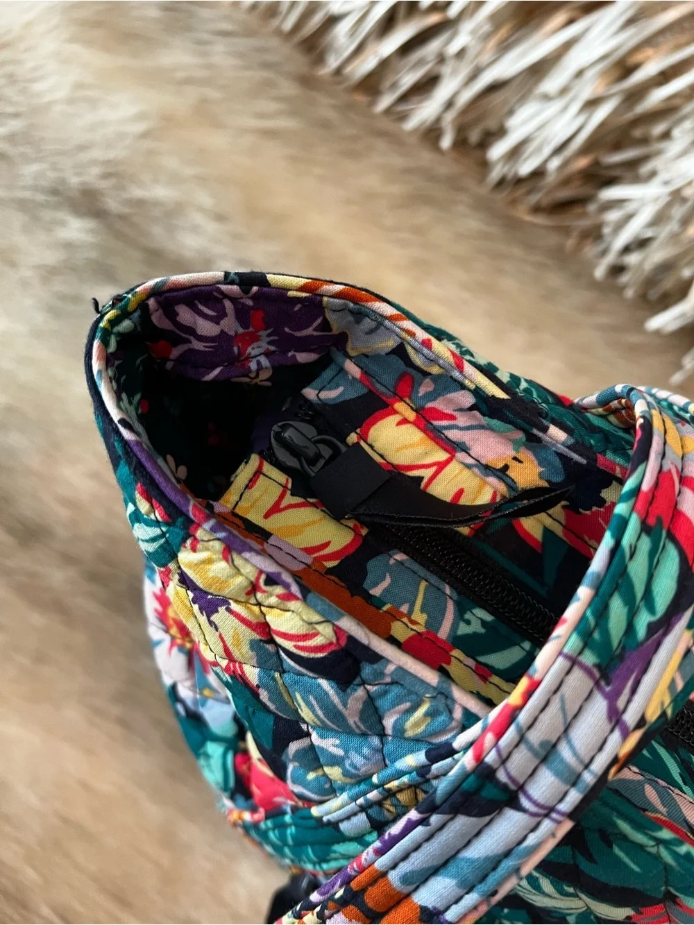 VERA BRADLEY Happy Blooms Villager Tote Floral Orange Navy Green Quilted Zip Top